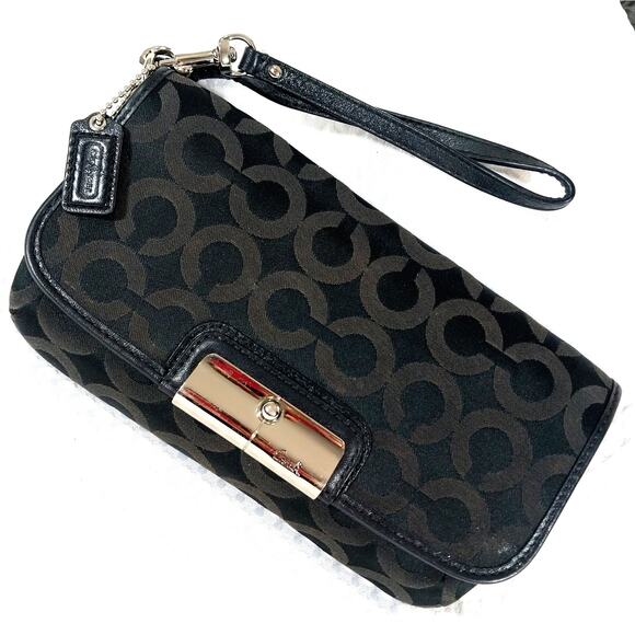COACH! BLACK & BROWN LOGO FABRIC, LEATHER TRIM, GOLD CLASP WRISTLET, WALLET! - Picture 11 of 11